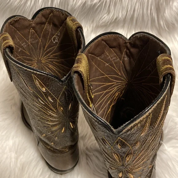 SOLD ❌Vintage ACME - Cowboy Boots Brown Leather w Gold Design Narrow Cowgirl - Picture 11 of 13